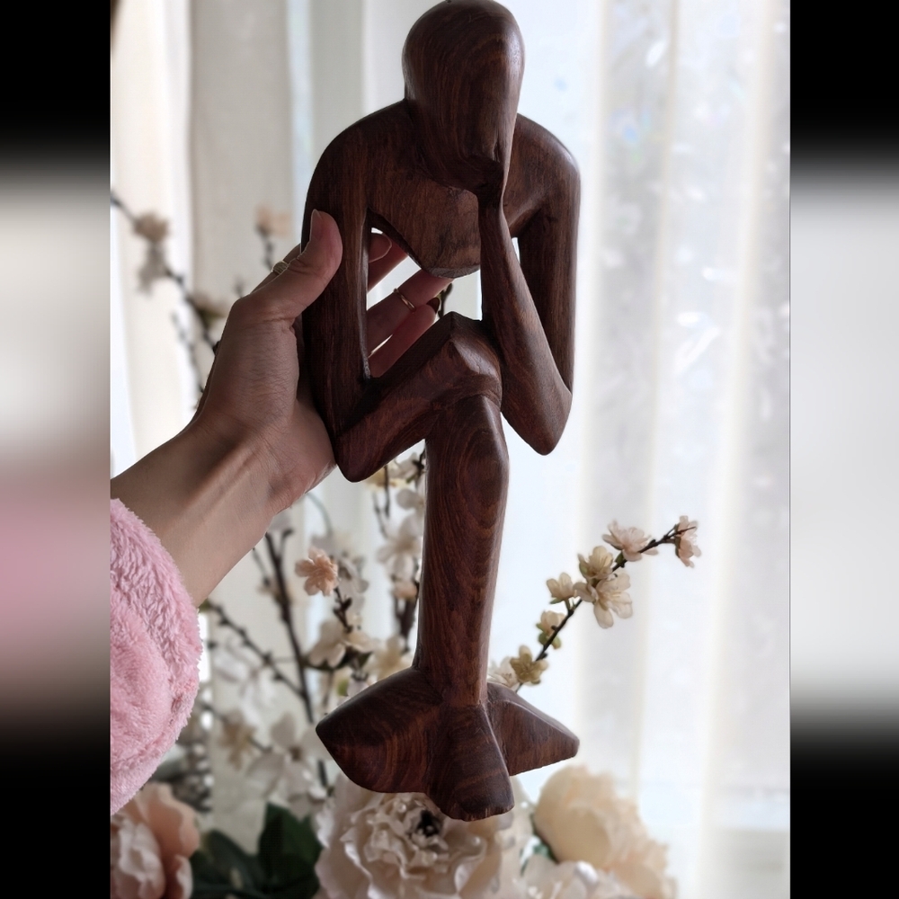 Contemplative Wooden Sculpture Thinking Solid Wood Vintage Contemporary - Picture 2 of 5